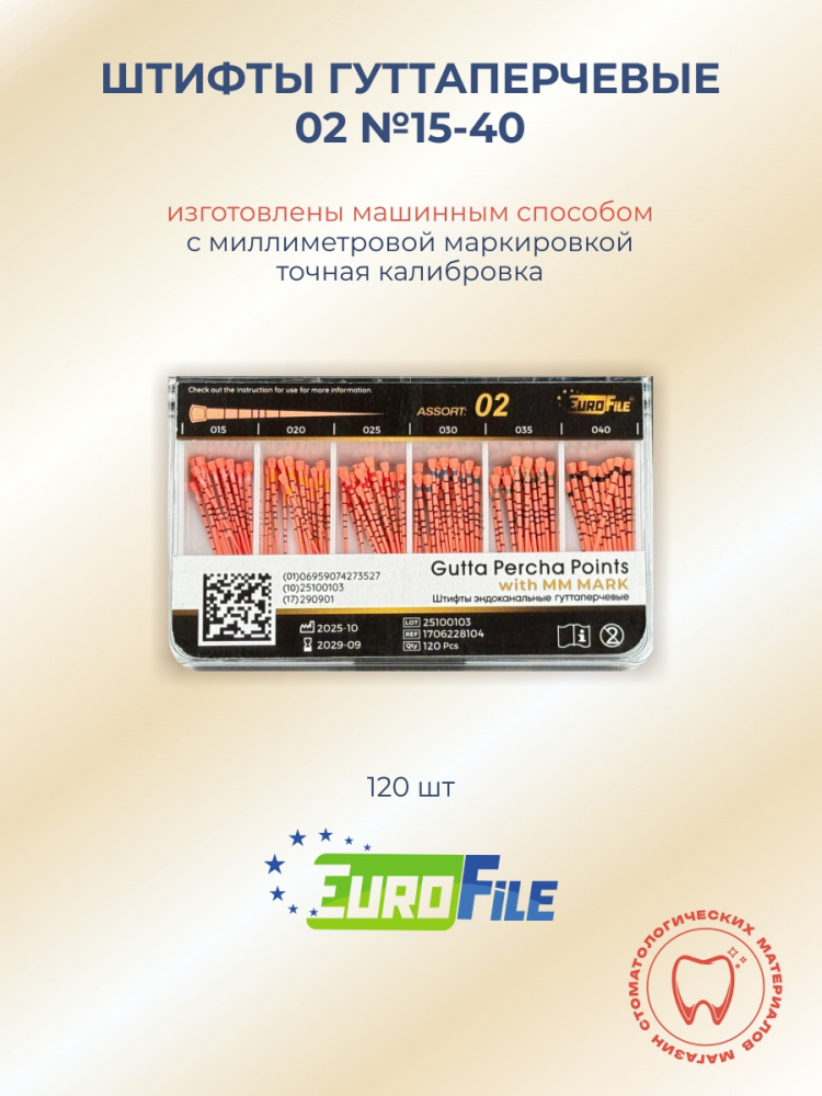 Штифты гуттаперчевые 02 №15-40 с миллиметровой маркировкой, 120шт EUROFILE