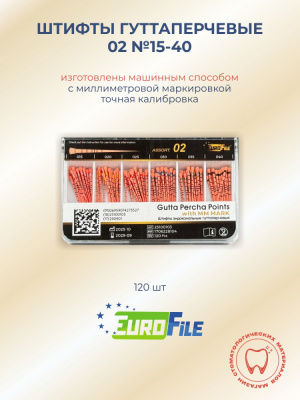 Штифты гуттаперчевые 02 №15-40 с миллиметровой маркировкой, 120шт EUROFILE