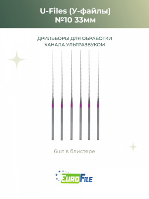 У-файлы машинные / U-Files 33мм №10 для обработки каналов ультразвуком, 6шт Eurofile