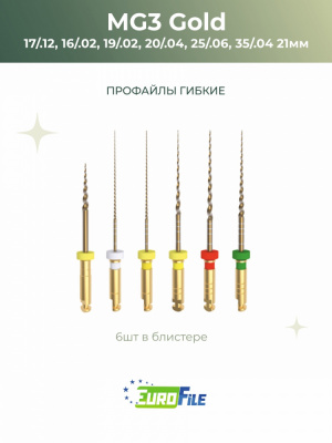 МГ3 машин файлы / MG3 набор 21мм 17/.12,16/.02,19/.02,20/.04,25/.06,35/.04 стерильные, 6шт Eurofile